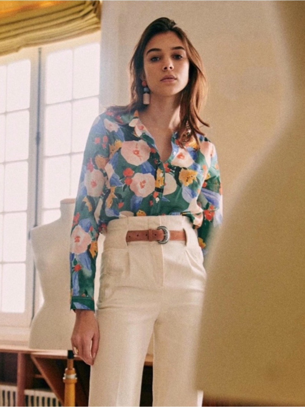 Sezane Pierro Shirt Delphe Floral Button Down Blouse Silk Blue Green Size 34
